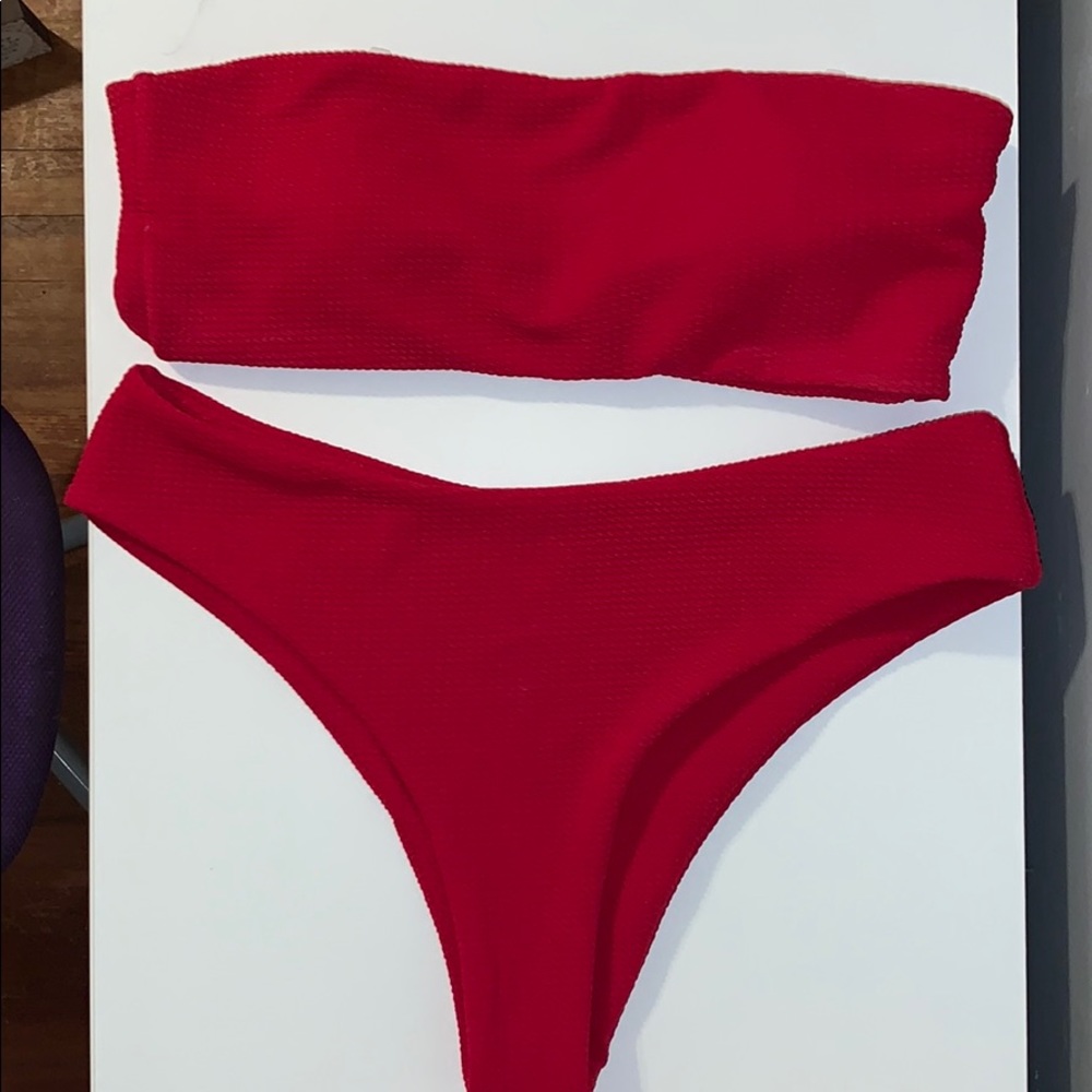 Red Highwaisted Zaful Bandeau Bikini